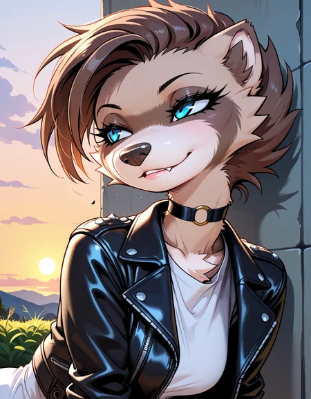 masterpiece, best quality, very aesthetic, absurdres,
outdoors,
upper body, headshot,
t-shirt, leather jacket,
seductive smile, parted lips, long eyelashes,
<lora:MiX_v01_NAIXL:1>
M1x,1girl,solo,furry,furry female,brown hair,short hair,blue eyes,snout,animal nose,fang,choker,body fur,two-tone fur,browm fur,claws,white fur,