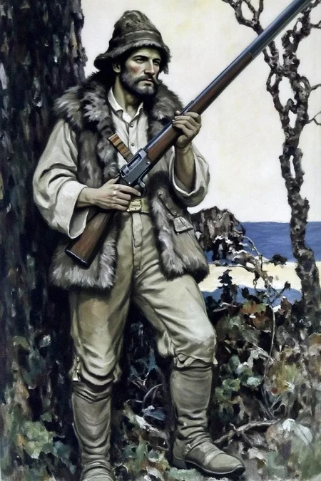 schoonover1 illustration.
A rugged, bearded man stands beside a tree, holding a long rifle. He wears a fur-lined coat and a thick hat made from animal hide. <lora:schoonover1_cap_d6a3e11:1.0><lora:831471549568592782:0>