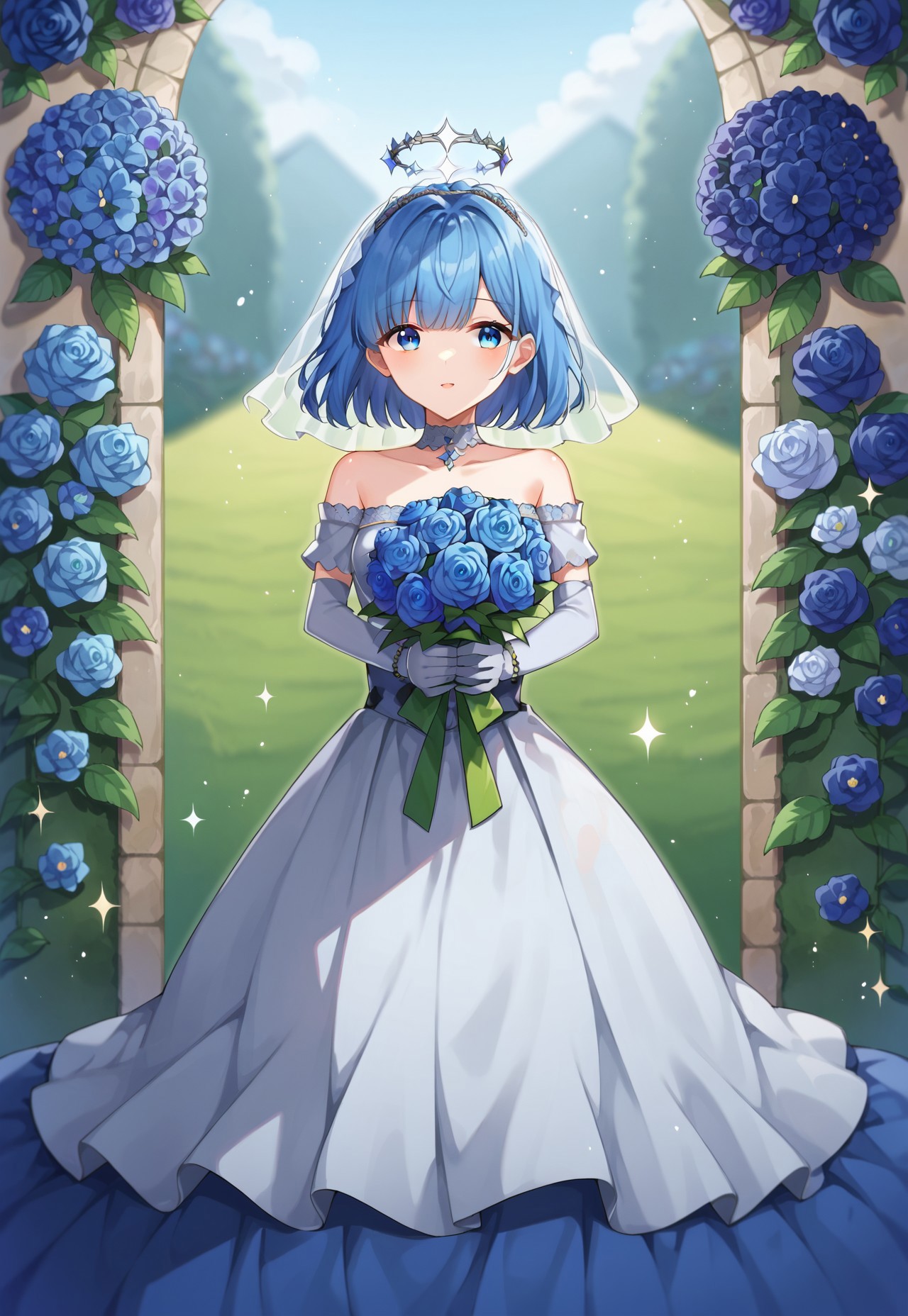 score_9, score_8, score_7, source_anime, wedding dress, gloves, red rose, bow, hands up, hydrangea, grey choker, grey sleeves, sparkle, looking at viewer, iruma miu, short sleeves, full body, :d, :p, off shoulder, own hands together, bracelet, blurry background, elbow gloves, halo, holding bouquet, blue flower, flower, medium hair, blue eyes