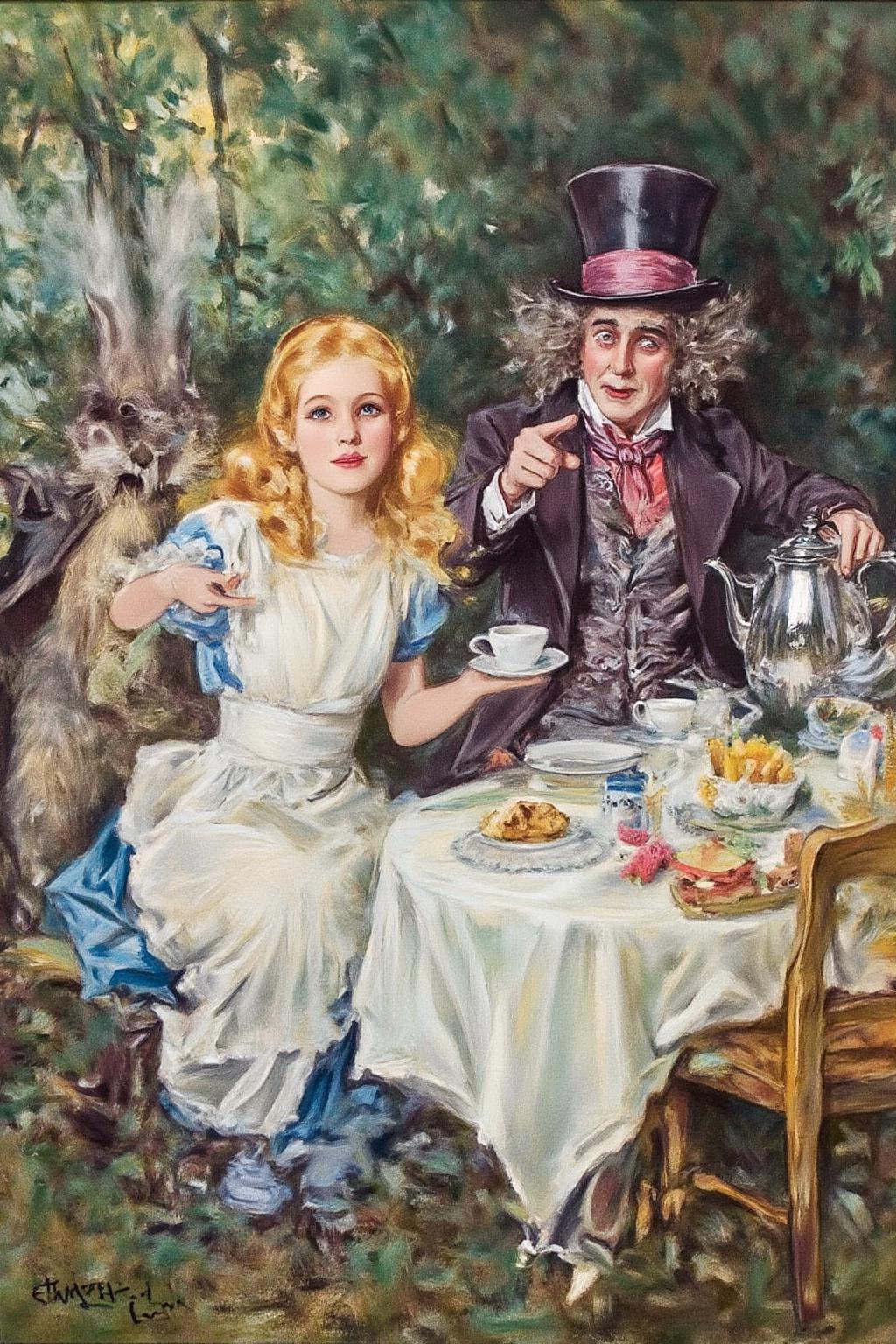 howardchandlerchristy1 illustration.
Three characters sitting at a table at a tea party in the forest. In the center is Alice in Wonderland, a girl with long blonde hair in a dress and white apron holds a teacup. On the right is the Mad Hatter, a man with wild hair and a tall hat, in a suit, holding a teapot and gesturing with his finger, pointing to the left. On the left is an anthropomorphic Rabbit, smoking. <lora:howardchandlerchristy1_d8a4e11:1.0><lora:865864142274219740:0>