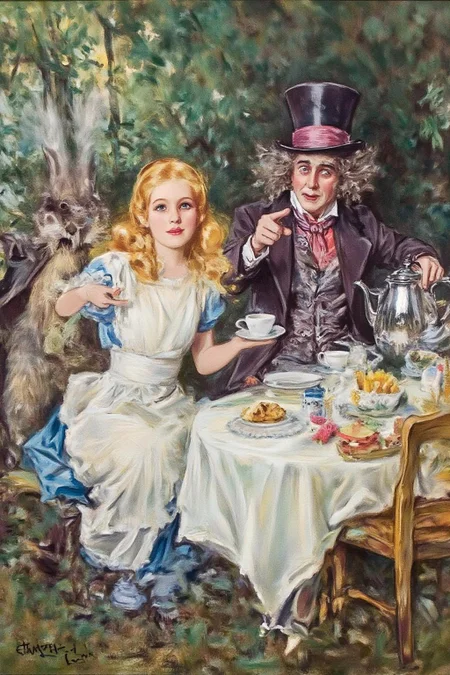 howardchandlerchristy1 illustration.
Three characters sitting at a table at a tea party in the forest. In the center is Alice in Wonderland, a girl with long blonde hair in a dress and white apron holds a teacup. On the right is the Mad Hatter, a man with wild hair and a tall hat, in a suit, holding a teapot and gesturing with his finger, pointing to the left. On the left is an anthropomorphic Rabbit, smoking. <lora:howardchandlerchristy1_d8a4e11:1.0><lora:865864142274219740:0>