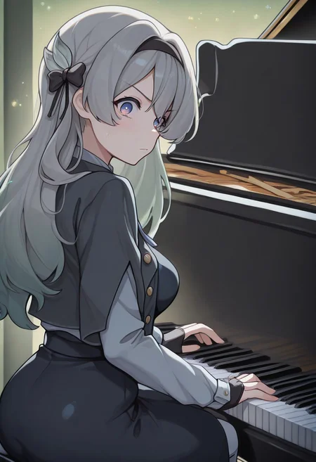 masterpiece, best quality, amazing quality, very aesthetic, absurdres, newest, amazing detail, intricate detail, firefly, jepella, grand piano, sitting, playing piano