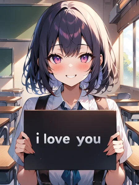 masterpiece,(best quality),highly detailed,ultra-detailed,
1girl,classroom,
smile,upper body,<lora:holding blank sign_A_XL_01:1>,holding blank sign,Hold up a sign saying Ùi love you,