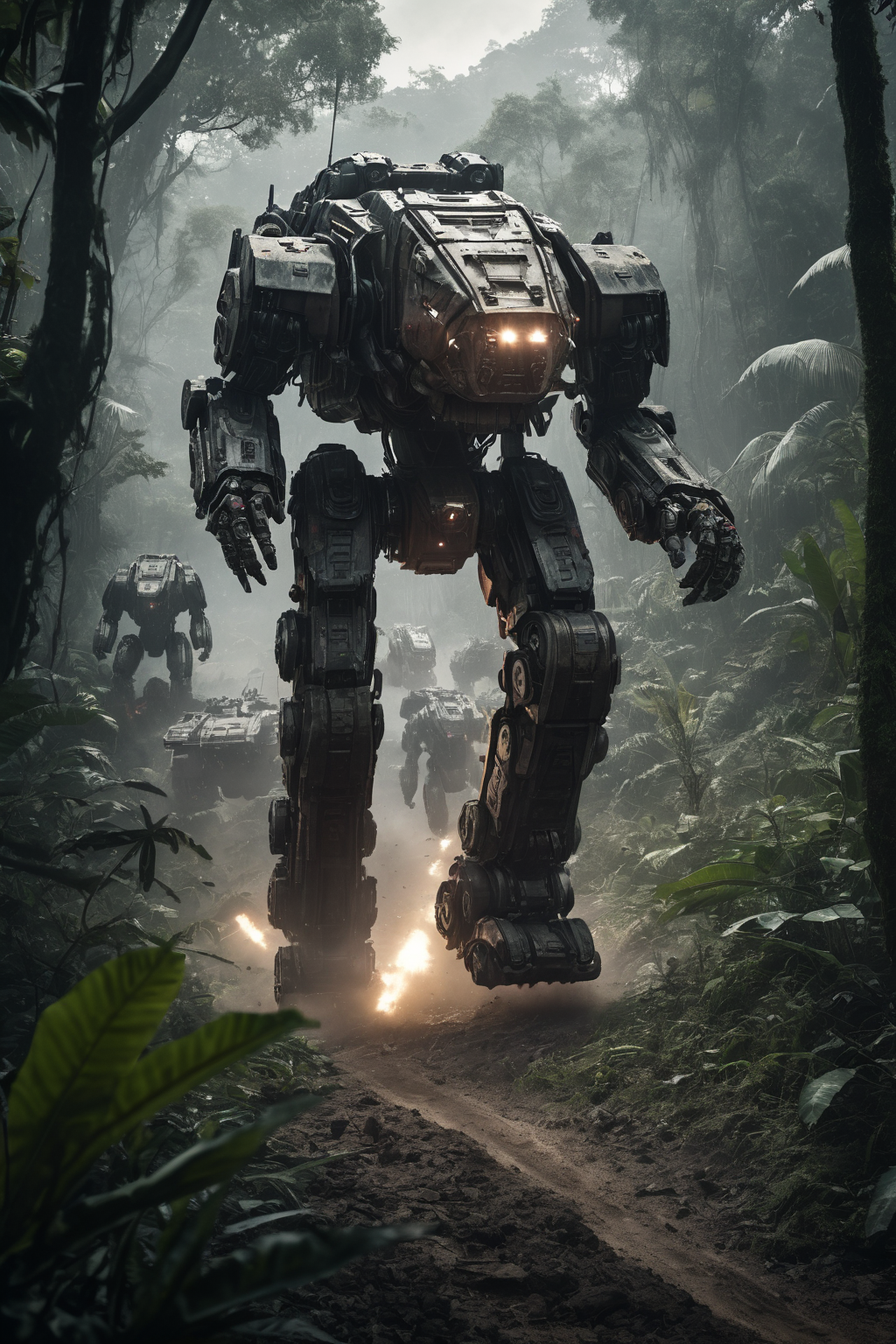 Cinematic Medium shot, a fighting mech escorting human soldiers through the jungle, epic scale, futuristic sci-fi, large-scale machine, photo realistic, future battlefield, gundam, dark metals, battle worn, real photo, canon 5d, hyper-detail, hyper-realistic, ar 16:9, style raw, RAW Photo,