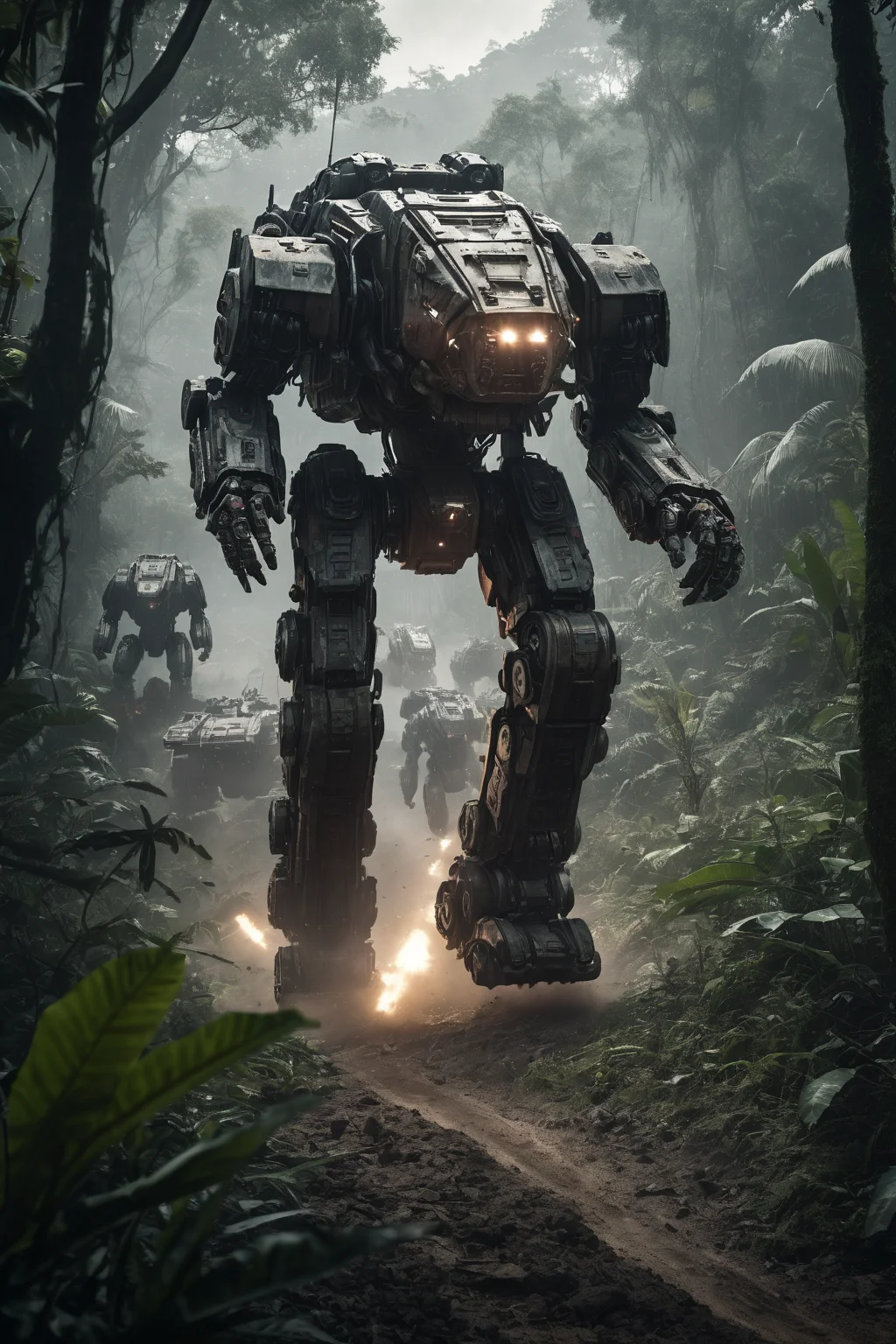 Cinematic Medium shot, a fighting mech escorting human soldiers through the jungle, epic scale, futuristic sci-fi, large-scale machine, photo realistic, future battlefield, gundam, dark metals, battle worn, real photo, canon 5d, hyper-detail, hyper-realistic, ar 16:9, style raw, RAW Photo,