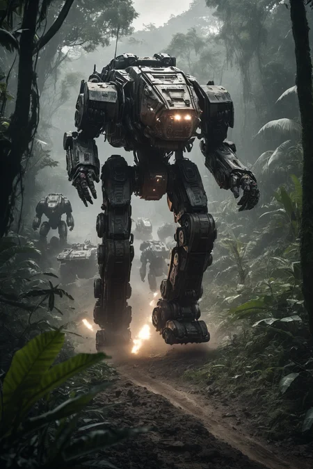 Cinematic Medium shot, a fighting mech escorting human soldiers through the jungle, epic scale, futuristic sci-fi, large-scale machine, photo realistic, future battlefield, gundam, dark metals, battle worn, real photo, canon 5d, hyper-detail, hyper-realistic, ar 16:9, style raw, RAW Photo,