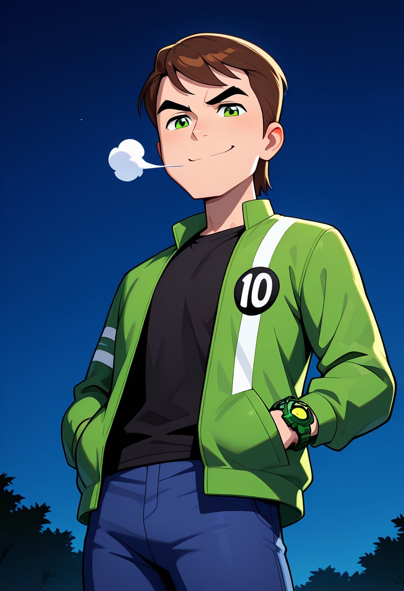 masterpiece, best quality, amazing quality, very aesthetic, absurdres, newest, detailed background,
solo, benuaf, short hair, 1boy, brown hair, green jacket, open jacket, black shirt, long sleeves, thick eyebrows, blue pants, green eyes, green watch, angry, smile, wide face, wide head, 
jacket blowing in the wind, from below, looking at viewer, hands in pocket, smug smile, night time,