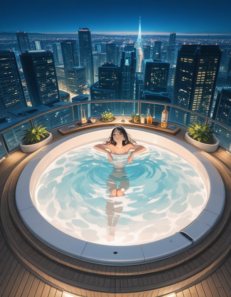 score_7_up, anime BREAK official art, solo, 1girl, one girl, 
BREAK <lora:Luxury_yacht-000008:0.9>, Luxury yacht, 
hottub, bathtub, drink, cup, 
city, city scape, skyscraper rooftop, flower, night, light up, outdoors, 
(masterpiece:1.3), best quality, high resolution, unity 8k wallpaper, extremely detailed CG, 8K, (watercolor \(medium\), muted color, sketch:1.1), perfect anatomy, highly finished, masterpiece, best quality, high quality, amazing quality, great quality, very aesthetic, ultra detailed, highres, absurdres, highly detailed, highly detailed background,