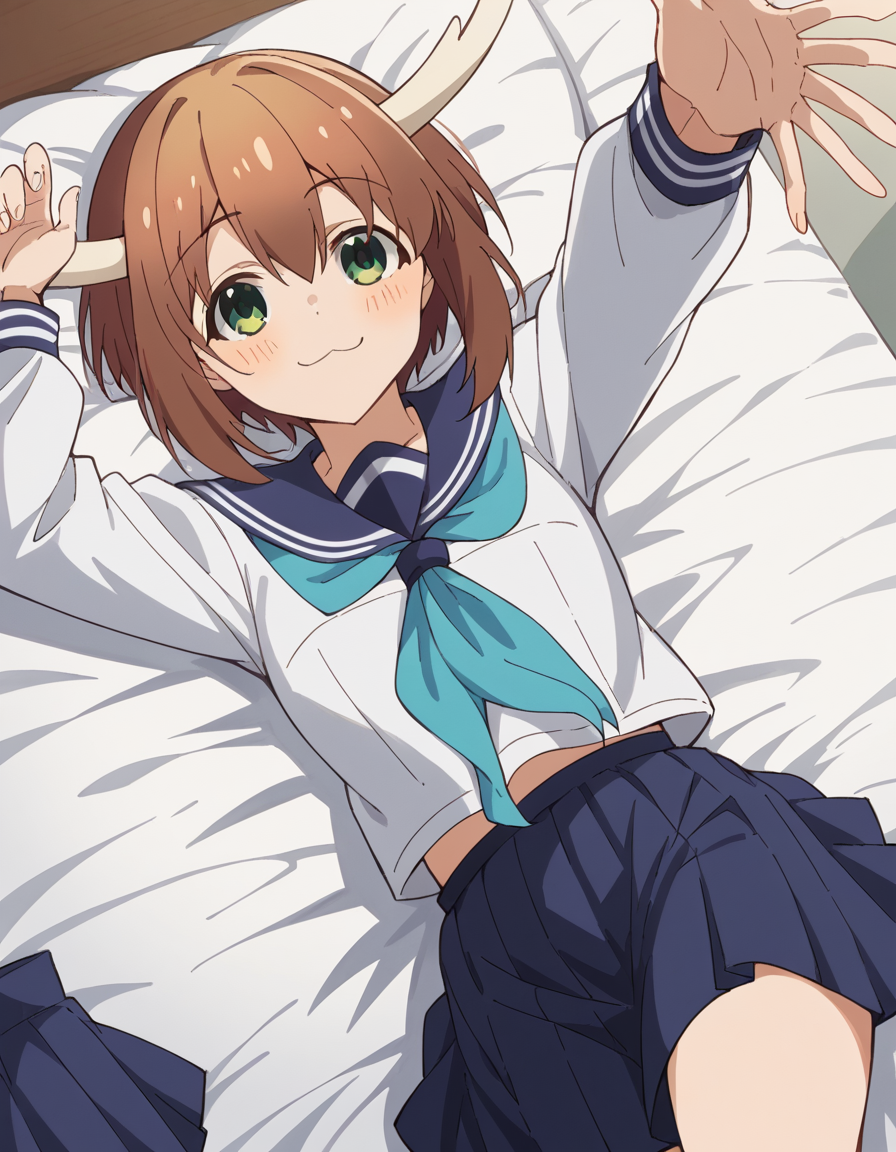 score_9, score_8_up, score_7_up, source_anime, <lora:noko-shikanoko-s1-v2-ponyxl-lora-nochekaiser:1>, noko shikanoko, short hair, bangs, brown hair, hair between eyes, green eyes, horns,, skirt, shirt, long sleeves, school uniform, white shirt, pleated skirt, serafuku, sailor collar, blue skirt, neckerchief, blue sailor collar,, indoors, bed, bed room, on side, blush, drunk,, smile, looking at viewer, on back, arm support, arms up, incoming hug, pov, reaching, reaching towards viewer,, solo,, cowboy shot, dutch angle