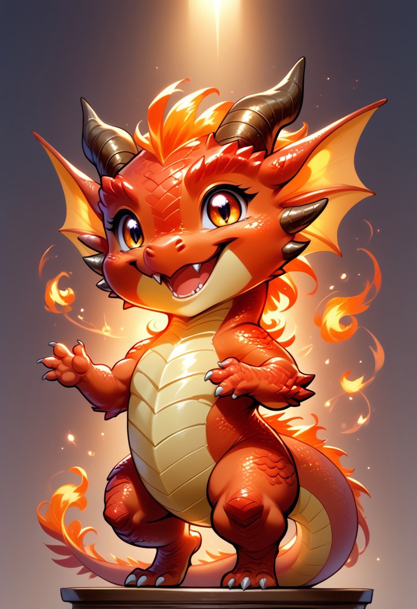 score_9, score_8_up, score_7_up, source_anime, solo, cute chibi fire dragon, happy, dancing, (chibi body, feral dragon:1.2), (indirect lighting, dynamic lighting:1.4), simple background (detailed image, high resolution, 5k resolution:1.0), (realistic style, las lindas Art Style:0.9)