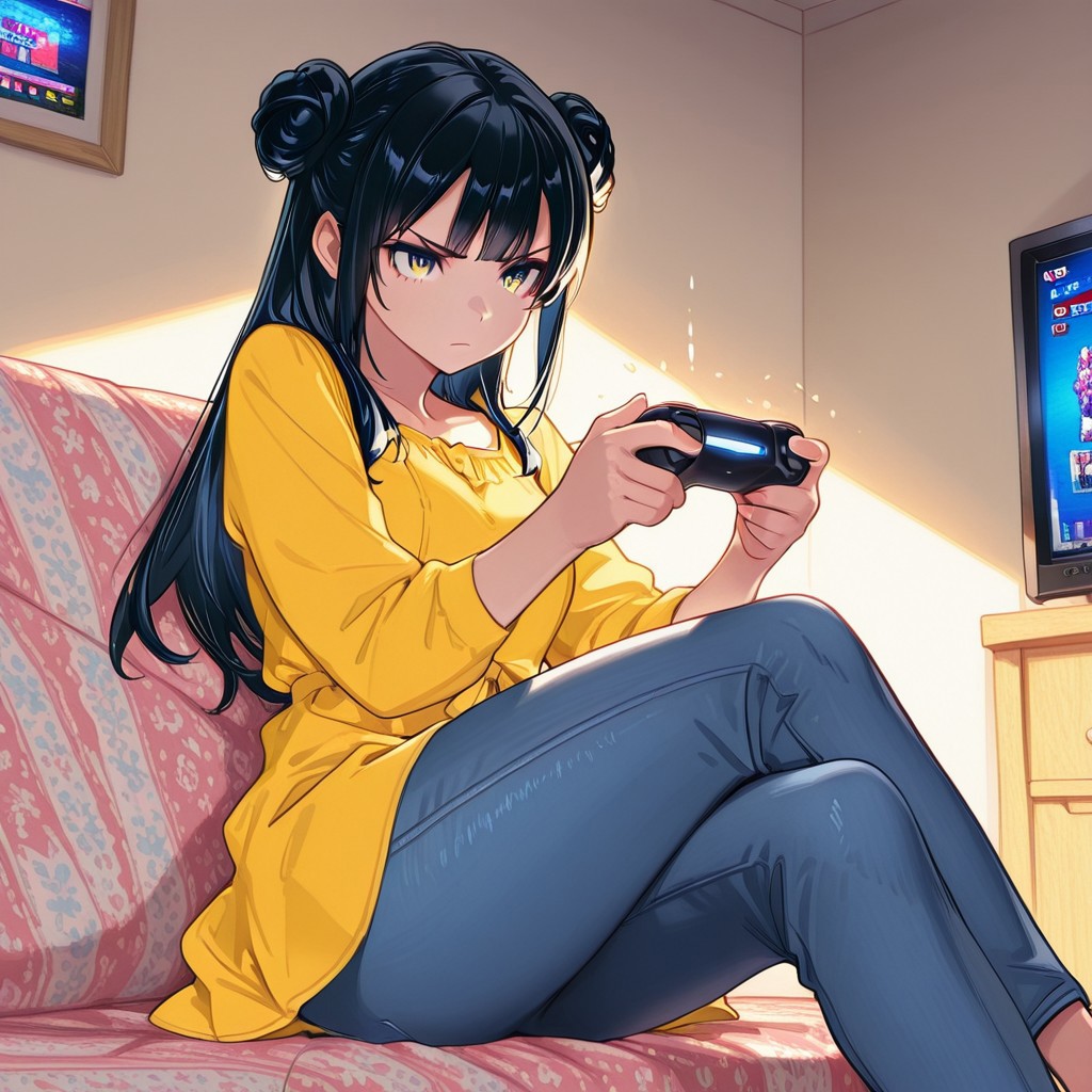 highres, ultra-detailed, illustration, colourful, masterpiece, 8k, soft lighting, (1girl, black hair, double buns, yellow dress, blue denim pants) , sitting , crossed-legs , playing video games , distracted , serious , expressive , cute and beautiful , indoors
