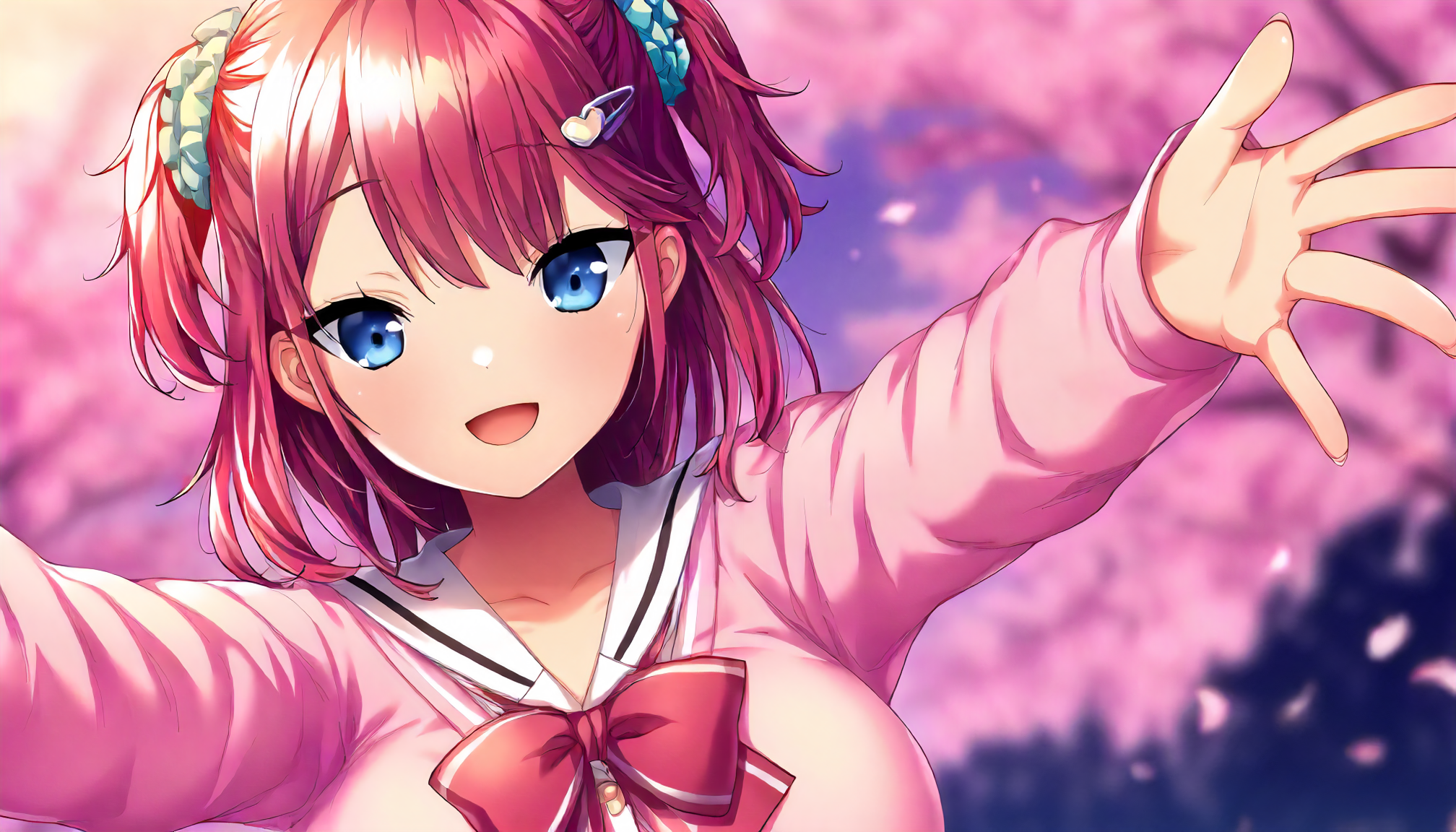 <lora:SDG2_MayaKoorogiXLIllustrious001>,
masterpiece,best quality,good quality,newest,
detailed background,outdoors,
smile,open mouth,
looking at viewer,
solo,
MayaKoorogi,1girl,red hair,two -side up,medium hair,hair scrunchie,hairclip,blue eyes,
large breasts,
white sailor color,pink cardigan,ribbon tie,
upper body,open arms,