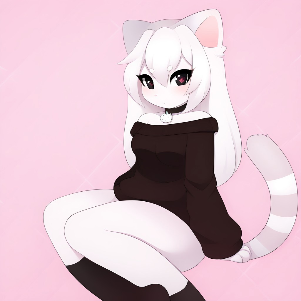 Naomi,  large eyes with gradient colors of pink, wearing an off-the-shoulder black sweater with a small heart detail, fur with light stripes, a choker necklace with a cute charm, cat tail, tail, 1tail, animal tail, black eyes, white skin, white hair, furry, perfect quality, masterpiece, best quality, 4K, Black stockings,Serious face, tall, 25 years , mating press,
<lora:PonyMinimalStyle:1>,