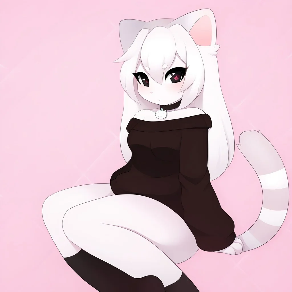 Naomi, large eyes with gradient colors of pink, wearing an off-the-shoulder black sweater with a small heart detail, fur with light stripes, a choker necklace with a cute charm, cat tail, tail, 1tail, animal tail, black eyes, white skin, white hair, furry, perfect quality, masterpiece, best quality, 4K, Black stockings,Serious face, tall, 25 years , mating press,
<lora:PonyMinimalStyle:1>,
