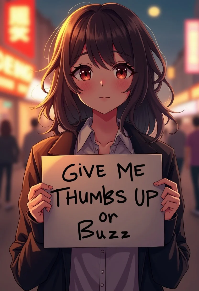 beautiful woman holding a sign it says "give me thumbs up or buzz", realistic, cinematic,bokeh. anime style