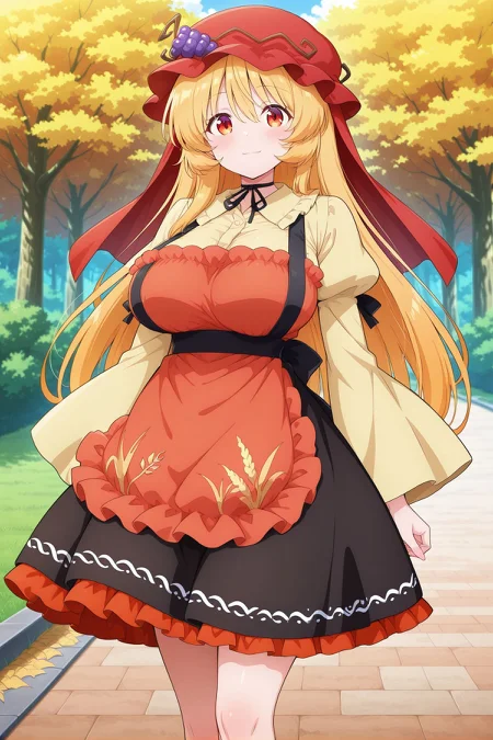 absurdres, highres, masterpiece, best quality, amazing quality, official anime artwork, screencap, anime screencap, outdoors, looking at viewer, light smile, dynamic pose, standing,
<lora:Aki-Minoriko_Illustrious:1> aki minoriko, 1girl, yellow eyes, blonde hair, long hair, aged up, large breasts,, aki minoriko \(symbol of overly abundant harvests\), alternate hair length, alternate hairstyle, alternate costume, red veil, red hat, mob cap, grape hat ornament, black neck ribbon, yellow shirt, long sleeves, wide sleeves, juliet sleeves, collared shirt, black skirt, red frilled skirt, petticoat, frilled apron, red apron,