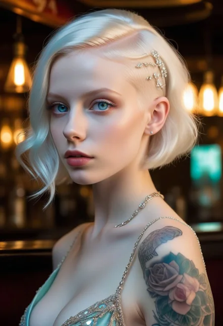 realistic, hyper realistic, real life, analog style, raw, photo, masterpiece, (alluring eyes), (perfect face, detailed face), (an albino girl), hime cut cut hair, aqua eyes, large slender breasts, (evening gown), intricate tattoos, petite body, (bar), drinking, dappled lighting, (backlighting:0.7),