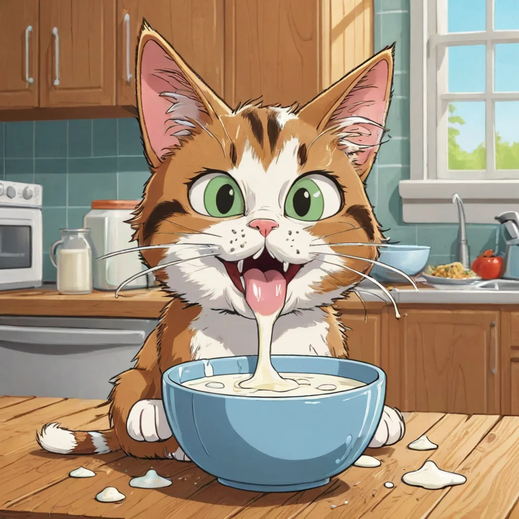 Cartoon Cat Licking Milk from a Bowl, Messy, Kitchen Background, Funny, Humor, Comedy, <lora:add-detail-xl:2>