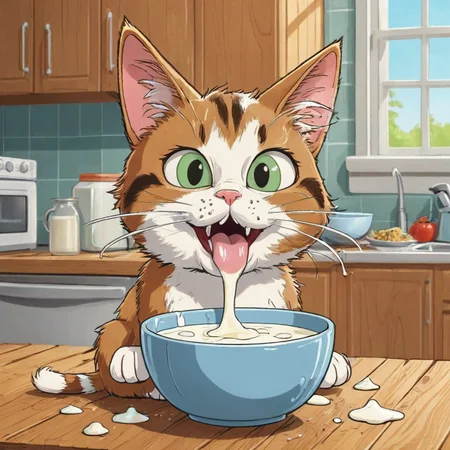 Cartoon Cat Licking Milk from a Bowl, Messy, Kitchen Background, Funny, Humor, Comedy, <lora:add-detail-xl:2>