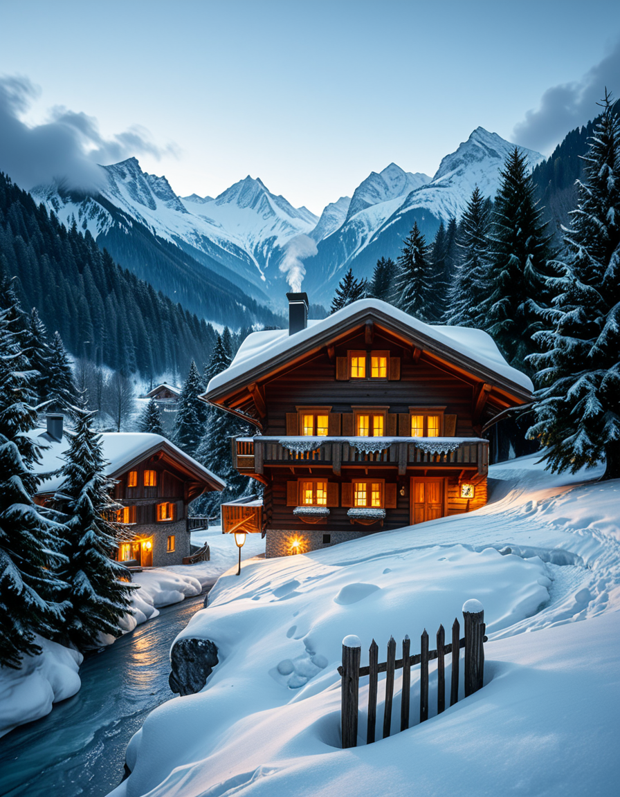A stunning winter scene in the Tyrol region of Austria. A charming wooden chalet with traditional alpine architecture stands on a gentle snow-covered slope, surrounded by dense evergreen forests blanketed in fresh snow. The chaletâs warm interior lights glow softly through its large windows, creating a cozy contrast against the cool twilight hues of the sky. A plume of smoke drifts from the chimney, hinting at a roaring fireplace inside. In the foreground, a small wooden fence is partially buried under the snow, while a frozen river winds through the valley, reflecting the moonlight. Towering, snow-capped peaks of the Austrian Alps dominate the background, adding a breathtaking sense of grandeur. Snowflakes gently fall, adding movement and depth to the peaceful, picturesque scene. The image is hyper-realistic, capturing the intricate textures of the wood, snow, and ice, with cinematic lighting that highlights the magical winter ambiance.
<lora:SDXLFaeTastic2400:0.4> <lora:extremely_detailed:0.4> extremely detailed,<lora:winter_scene_in_the_Tyr0l:1>,winter scene in the Tyr0l, Masterpiece,best quality,hi res,8k,hi res,8k,award winning,(sharp focus, intricate, highly detailed),