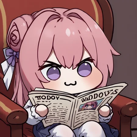 score_9, score_8_up, score_7_up, source_anime, TomReadingTheNewspaper, sitting, newspaper, chair, reading, <lora:TomReadingTheNewspaper_XLPD:1>, <lora:Doro_X_PDXL_V1:1> doro, creature, :3, chibi, pink hair, purple eyes, hair bun, hair bow, no humans, white skin, four legs, solid circle eyes, no pupils
