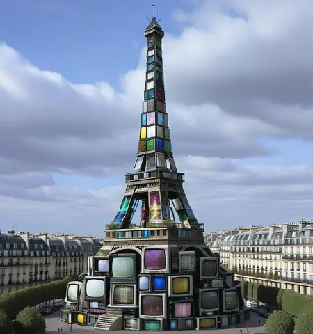 The eiffel tower in Paris made out of old CRT screens <lora:Made_out_of_old_CRT_screens_-_SDXL_LoRA:1>