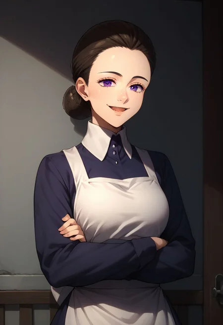 score_9, score_8_up, score_7_up, source_anime, highly detailed,
isabella, 1woman, solo, apron, purple eyes, single hair bun, crossed arms, hair bun, looking at viewer, smile, open mouth, maid, brown hair, long sleeves, dress, white apron,
maid apron, upper body,