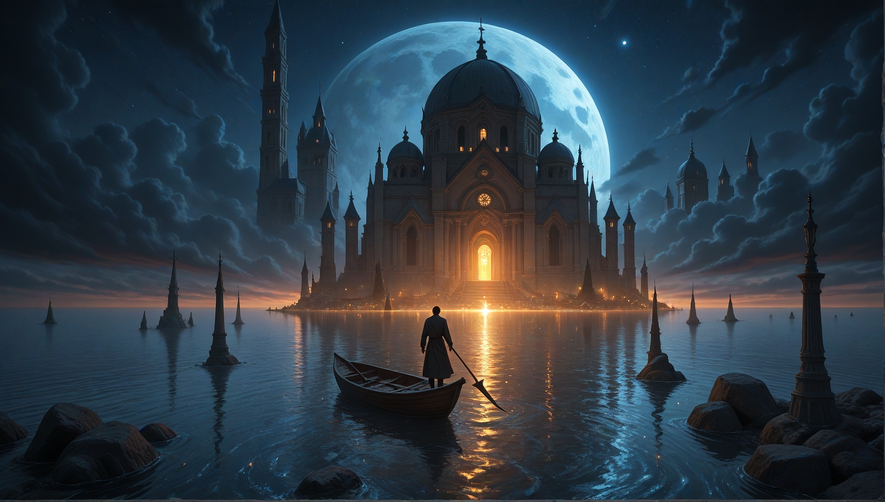 A stunning  a surreal, ethereal scene featuring a grand, ornate mosque with a large, domed white structure, set against a dark, starry night sky. The cathedral is illuminated by a full moon, casting a warm glow over the water. A lone figure stands in a small, wooden boat, holding a stick, in the middle of the image. Surrounding the cathedral are smaller, distant towers, and a calm, reflective surface. The sky is filled with swirling, dark clouds, and the overall atmosphere is one of serenity and tranquility..    
,photorealistic,masterpiece, best quality, amazing quality, very aesthetic, perfect eyes, 24yo, ( dramatic lighting) ,
,solo, 1boy, holding, standing, weapon, outdoors, sky, cloud, holding_weapon, from_behind, water, night, ocean, moon, building, 1other, star_\(sky\), night_sky, scenery, full_moon, starry_sky, reflection, rock, city, facing_away, fantasy, scythe, wide_shot, architecture, watercraft, planet, ambiguous_gender, tower, boat, holding_scythe, church, reflective_water, oar
