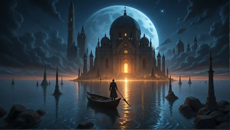 A stunning a surreal, ethereal scene featuring a grand, ornate mosque with a large, domed white structure, set against a dark, starry night sky. The cathedral is illuminated by a full moon, casting a warm glow over the water. A lone figure stands in a small, wooden boat, holding a stick, in the middle of the image. Surrounding the cathedral are smaller, distant towers, and a calm, reflective surface. The sky is filled with swirling, dark clouds, and the overall atmosphere is one of serenity and tranquility..
,photorealistic,masterpiece, best quality, amazing quality, very aesthetic, perfect eyes, 24yo, ( dramatic lighting) ,
,solo, 1boy, holding, standing, weapon, outdoors, sky, cloud, holding_weapon, from_behind, water, night, ocean, moon, building, 1other, star_\(sky\), night_sky, scenery, full_moon, starry_sky, reflection, rock, city, facing_away, fantasy, scythe, wide_shot, architecture, watercraft, planet, ambiguous_gender, tower, boat, holding_scythe, church, reflective_water, oar