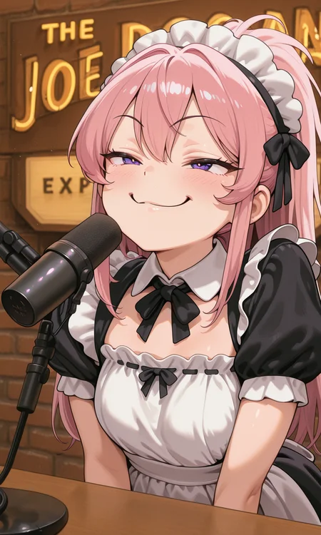 embedding:IllusP0s, the joerog an experience, sign, microphone, desk, wall, 1girl, smug, pink hair, purple eyes, maid outfit,<lora:CivChan.safetensors:0.7:0.7> <lora:the joerog an experience_illustrious.safetensors:1.0:1.0>