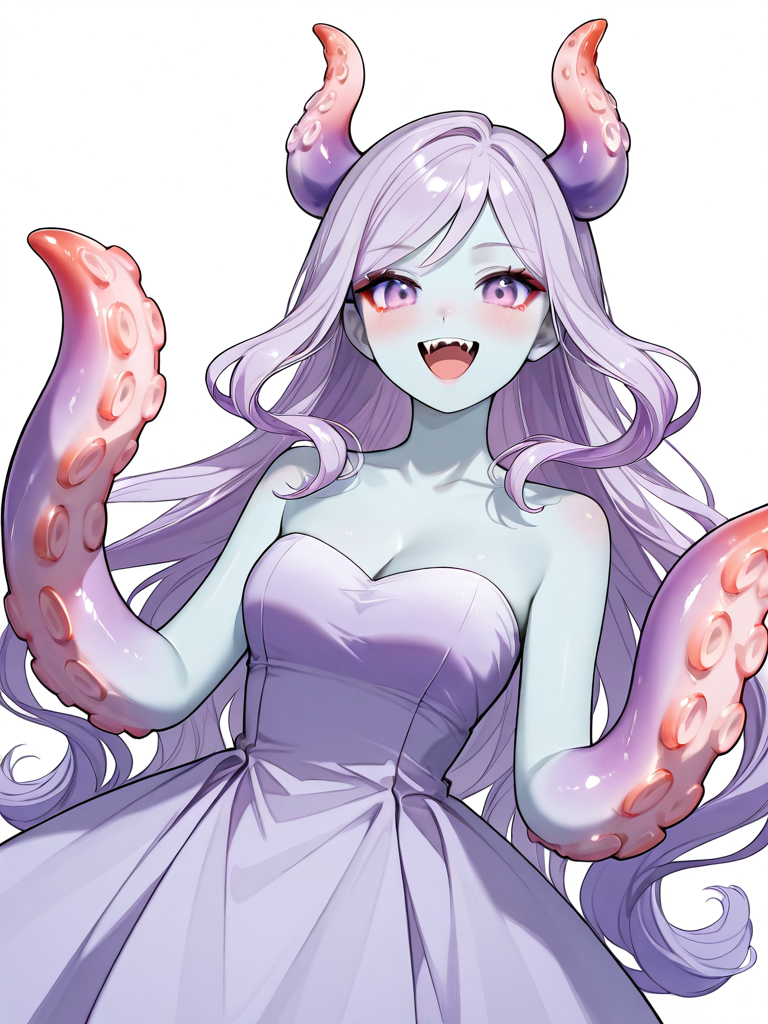 score_9, score_8_up, score_7_up, score_6_up, score_5_up, score_4_up, highest quality, intricately detailed, masterpiece
,detailed textures, realistic lighting, perfect detailed face, perfect detailed body
.[Main:0    ] light purple octopus girl
.[Photo:0  ] 
.[Action:0 ] leaning on tentacle hand
.[Details:0] cleavage
.[Body:0   ] blue skin, tentacle hands, tentacle arms
.[Cloth:0   ] lavender dress, bare shoulders
.[Hair:0     ] long wavey hair, octopus horns
.[Face:0     ] open mouth smile, sharp upper mouth, mascara
.[Expres:0 ] 
.[Seting:0  ] solid white background
<lora:Hand v2:1> <lora:PerfectEyesXL:1> <lora:sharp detailed image (foot focus) v1.1:1> <lora:Slime_Girls_Omori:1>