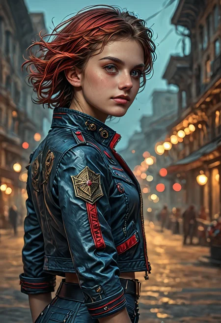 1girl, side view, she is Nausica of the Valley of the Wind, solo, masterpiece, absurdres, best quality, (colorful), cinematic lighting, realistic, dynamic pose, extremely detailed, head turned to look at viewer, red hair, beautiful detailed face,(intricate detailed blue short military jacket with gold inlaid, cleavage,extremely short miniskirt, military black boots), stands alone on the middle of a street with lampposts and burning fires in the background, solo, masterpiece, absurdres,  dynamic pose, the Sun shines over her, sun rays in her hair,subsurface scattering, remarkable color, ultra realistic, textured skin, remarkable detailed pupils, realistic dull skin noise, visible skin detail, skin fuzz, dry skin, bokeh, sharp focus on subject. no headgear,extremely detailed, looking at viewer, beautiful detailed face, subsurface scattering, remarkable color, ultra realistic, textured skin, realistic dull skin noise, visible skin detail, skin fuzz, dry skin, bokeh, sharp focus on subject.