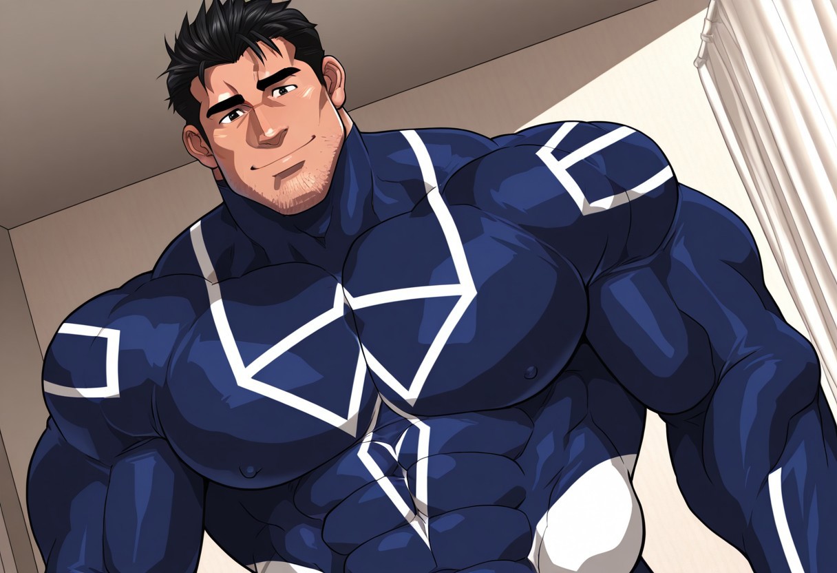 Blue Titan, 1boy, male focus, blue bodysuit, skin tight, black hair, stubble, black eyes, bara, smile
