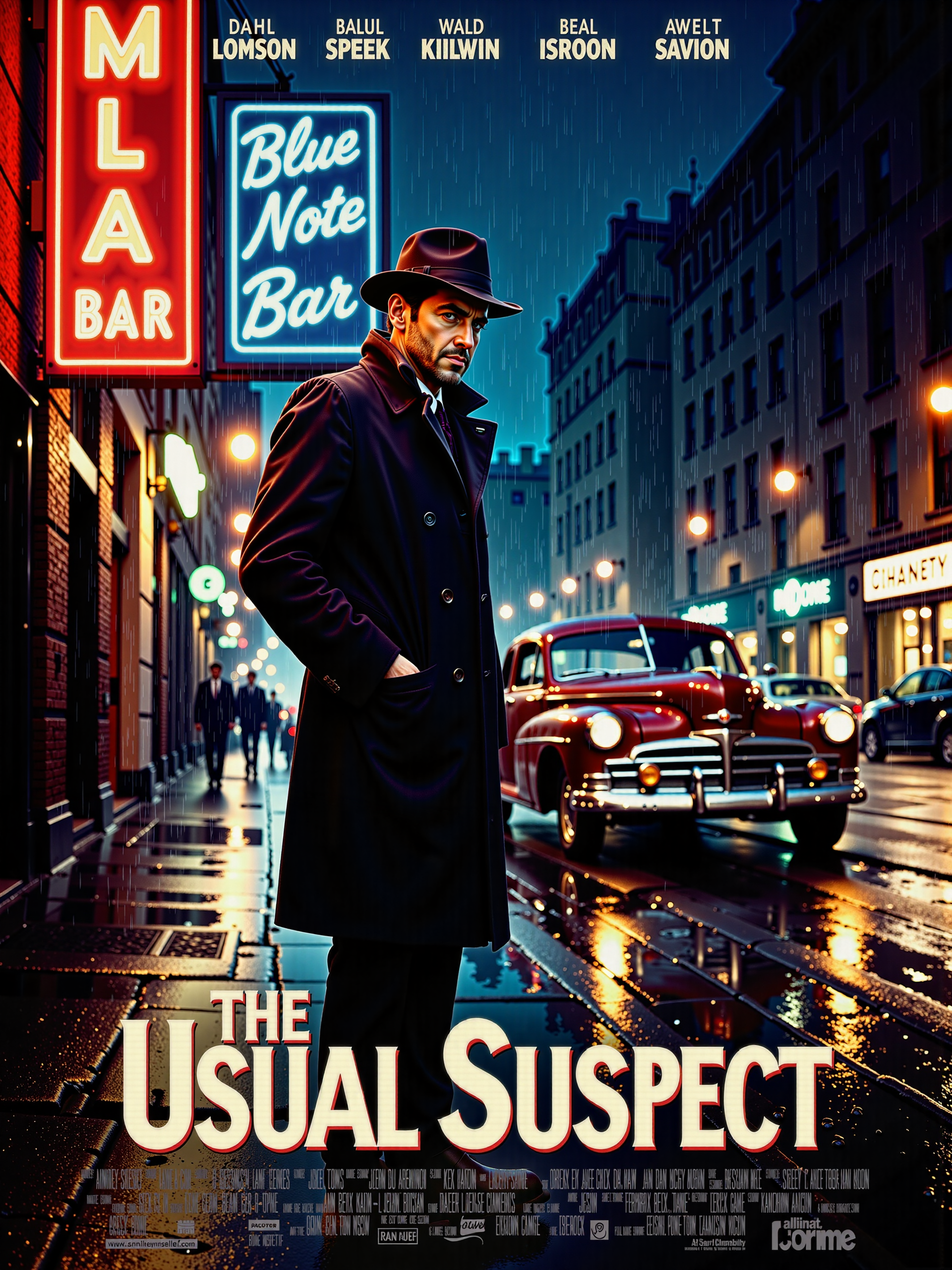 ultima cine, movie poster of a 1940s technicolor noir thriller with the title text: "The Usual Suspect" positioned prominently in a typical noir movie font at the bottom with thin font movie credits below, cinematic realism, sharp focus, set on a rain-soaked urban street in the late 1940s at night, the scene is illuminated by a flickering streetlamp, the wet pavement mirrors scattered lights from a nearby neon sign reading "Blue Note Bar" in bold blue and red, its glow distorted by the falling rain, in the background, the silhouettes of towering city buildings loom in the darkness, faint smoke spirals upwards from unseen chimneys, adding to the gritty ambiance, in the foreground, a lone detective stands, clad in a classic dark trench coat and fedora, water dripping from the brim of his hat, his shadow stretches long across the glistening pavement, a nearby rain-slicked brick wall catches faint reflections, adding texture and depth to the scene. a beautiful bordeaux red 1940s vintage car, its chrome bumper faintly glinting in the low light, is parked near the curb, the detective stands poised, one hand casually resting in his coat pocket, while the other holds a smoldering cigarette, its faint orange glow gleaming in the night, a thin trail of smoke curls and disappears into the damp air, the detective's expression is sharp and focused, his gaze locked on something just out of the viewer's sight. the detective is the focal point of this cinematic shot, while the richly detailed background provides depth and atmosphere, soft, diffused lighting highlights his features and silhouette, while subtle neon reflections in red and blue dance across the wet surfaces, raindrops are rendered in intricate detail, streaking through the lamplight, a subtle lens flare enhances realism. a masterful use of light and shadow is defining the noir aesthetic, emphasizing contrast and mystery, the rain and reflective surfaces lend a tactile, immersive quality. aidmatextimprover, <lora:ultima_cine-flux-by_sterlingangel:1.0> <lora:text_improver-v0.4-flux-by_aidma:0.6>