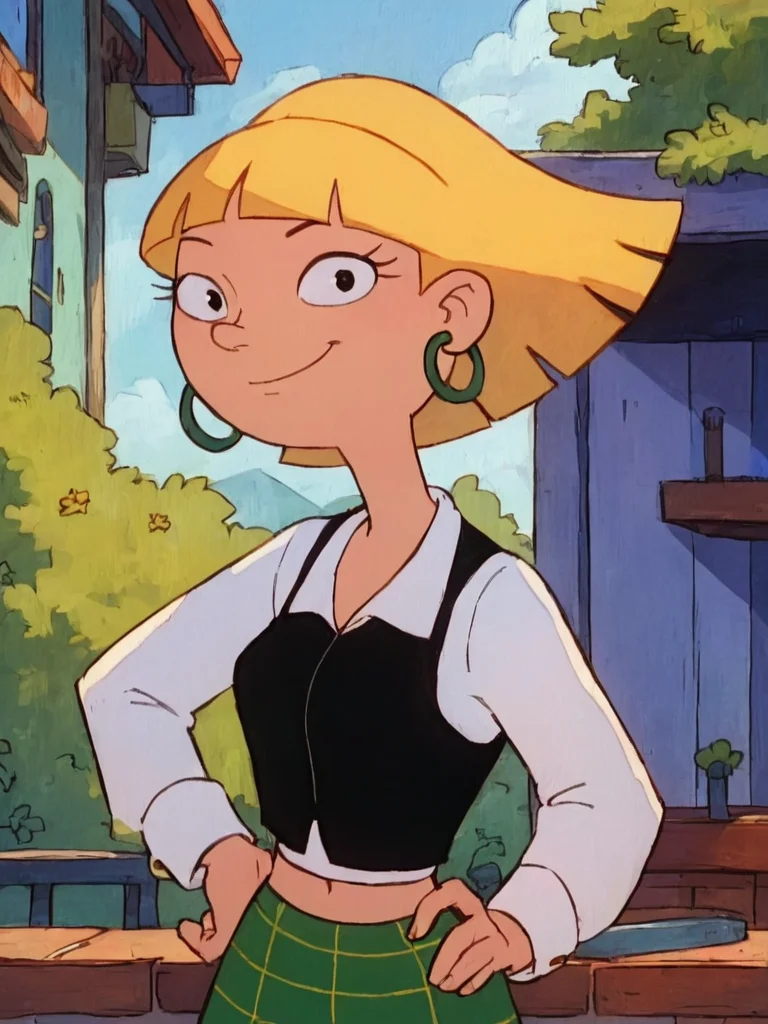 <lora:OlgaPony1.0:0.85> olga, 1girl, solo, blonde hair, short hair, white shirt, black tank top, hoop earrings, plaid skirt, smile, bangs, blunt bangs, thighhighs, midriff,upper body, looking at viewer, hand on own hip, outdoors,, score_9, score_8_up, score_7_up, score_6_up