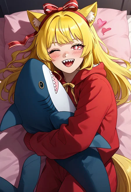 score_9_up, masterpiece, best quality, amazing quality, very aesthetic, absurdres, newest, , photorealistic, portrait, 1girl, solo girl, laying on bed, on back,<lora:kigurumi-ponyxl-lora-nochekaiser:1>, kigurumi, animal hood, animal costume, cosplay,, night, dim light, ON SIDE, HAPPY, EYES CLOSED, HEARTS IN AIR,hugging, shark, stuffed shark, ((SHARK IN GIFT RIBBON)),<lora:Hugging_shark:1>
<lora:Lucita_Yellow_Pony_V2.0:1> Lucita Yellow, ((long yellow hair, bangs, animal ears, tail, pink eyes, square shaped pupils)), ((adult)) medium breasts, open mouth, sharp teeth, light blushing,