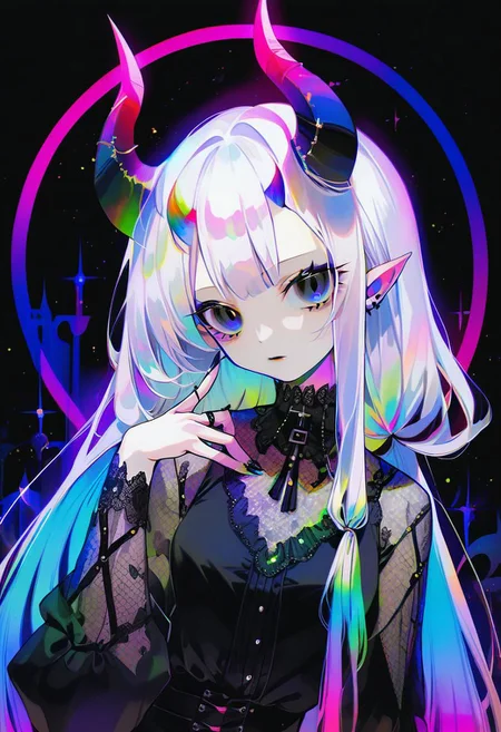 pale demon girl , prismatic coloring, holographic vibe, chromatic black lace blouse, gothic background, (long straight horns:1.2)