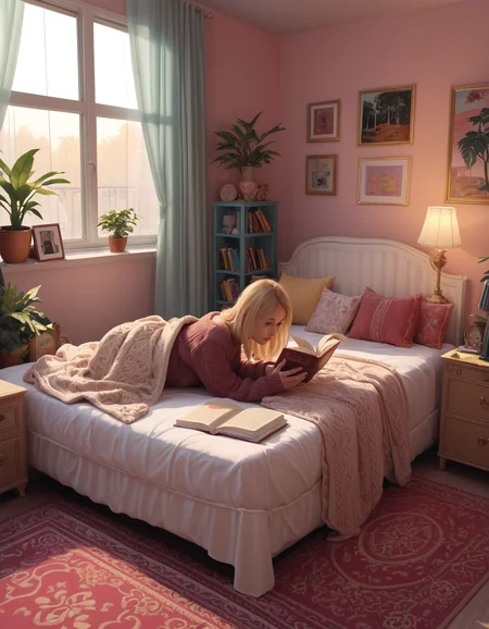 score_9, score_8_up, score_7_up,
1girl, woman, blonde hair, sweater, lying in bed,  reading book,
m4x1m4l, indoors, pillow, book,  window, bed, plant, curtains, blanket, lamp, bedroom, carpet, rug, desk lamp, wallpaper (object)
<lora:maximalism-m4x1m4l-indoors-Pony-v1:0.85>