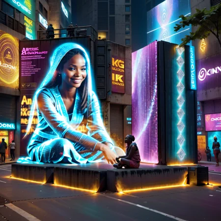Point-of-view shot photo of transparent hologram woman sitting on a billboard, smiling, African, glowing light painting, busy street scene, advertising, holographic projection, detailed, 8k  <lora:Transparent_Hologram_Woman_epoch-3-resized:1.0>