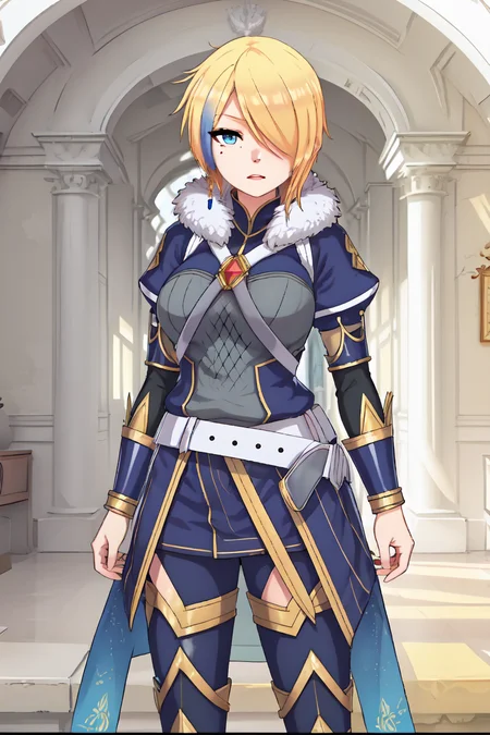 <lora:Claire Liver020-10:0.7> , claire-liver020, blonde hair, 1girl, blue hair, hair over one eye, multicolored hair, solo, blue eyes, armor, short hair, mole, mole under eye, fur trim, braid, jewelry, streaked hair, earrings, belt, boots, town, houses, 1 girl, 20yo, Beautiful Fingers, Beautiful long legs, Beautiful body, Beautiful Nose, Beautiful character design, perfect eyes, perfect face, looking at viewer, (innocent_big_eyes:1.0), official art, perfect lighting , Colorful, Bright_Front_face_Lighting, (masterpiece :1.0), (best_quality:1.0), ultra high res,4K, ultra-detailed, photography, 8K, HDR, highres, absurdres:1.2, Kodak portra 400, film grain, blurry background, lens flare, (vibrant_color:1.2) , (Beautiful,large_Breasts:1.4), (beautiful_face:1.5), (narrow_waist),