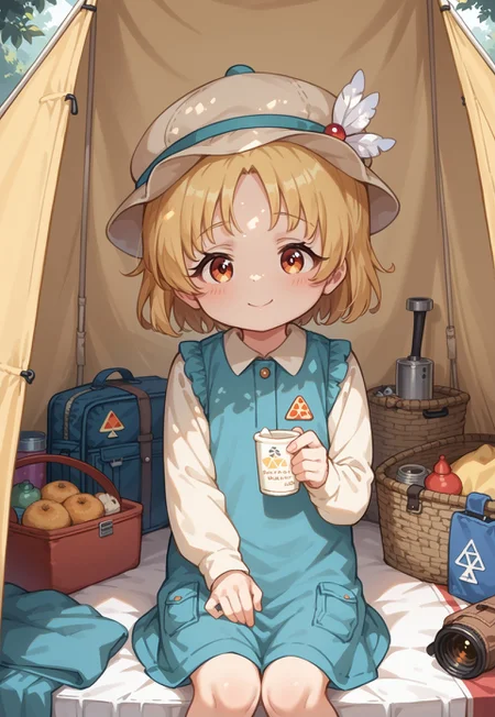 score_9, score_8_up, score_7_up, source_anime,(ultra HD quality details), anime, 1girl, cute hat, peeking outside of yellow tent, yellow tent, pofc, curtains, (detailed image, high resolution, 5k resolution:1.0), camping, nature, outside in the woods, morning light, basukechi_style
