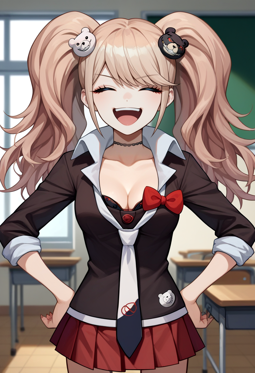 score_9, score_8_up, score_7_up, source_anime, solo, 1girl, enoshima junko, laughing, standing, hands on hips, couch, twintails, bear hair ornament, closed eyes, school uniform, black shirt, white necktie, red bow, sleeves rolled up, red skirt, choker, collarbone, cleavage, indoors, classroom <lora:danganronpathh_enoshima_ponyXL:1>