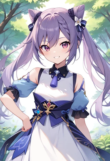 score_9, score_8_up, score_7_up, source_anime, best quality, masterpiece, 1girl, solo, smile. outdoors,
keqingcs, purple hair, cone hair bun, purple eyes, long hair, double bun, braid, twintails,