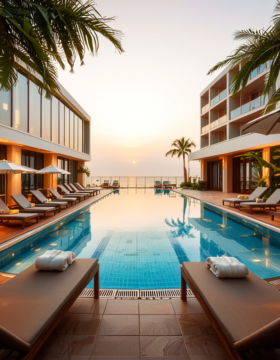 A luxurious hotel swimming pool at sunset, surrounded by elegant lounge chairs and palm trees. The crystal-clear water reflects the warm hues of the sky, creating a serene and inviting atmosphere. The pool has an infinity edge overlooking a breathtaking ocean view, with soft ambient lighting enhancing the tranquil mood. The surrounding area is immaculately maintained, with neatly arranged sunbeds, stylish umbrellas, and a sleek modern poolside bar in the background. The scene is captured in ultra-high resolution, with photorealistic details emphasizing the shimmering water, the textures of the pool tiles, and the gentle movement of palm leaves in the evening breeze.
<lora:SDXLFaeTastic2400:0.4> <lora:extremely_detailed:0.4> extremely detailed, <lora:hotel_sw1mm1ng_p00l:1>,hotel sw1mm1ng p00l, Masterpiece,best quality,hi res,8k,hi res,8k,award winning,(sharp focus, intricate, highly detailed),