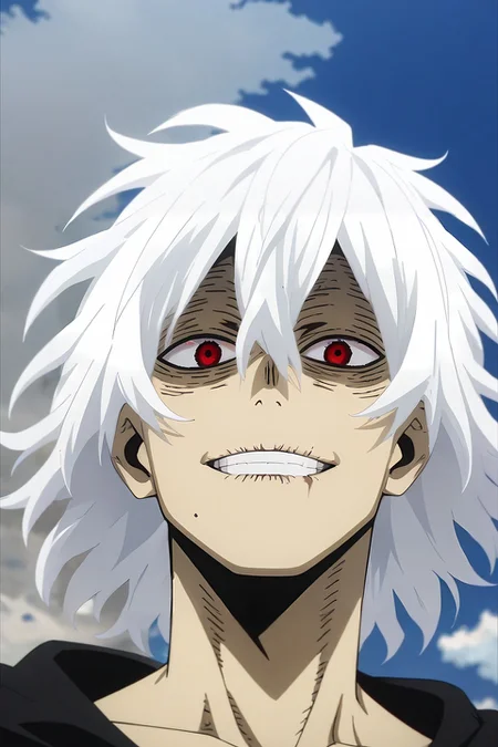 score_9, score_8_up, score_7_up, source_anime, rating_safe, , anime screencap, , , , , 1boy, solo, male focus, <lora:tomura_shigaraki_pony:0.98>, tomura_shigaraki, white hair, red eyes, , , messy hair, , teeth, grin, , from below, prairie, dark, arms at sides, sad, , <lora:sdxl_lightning_8step_lora:1>