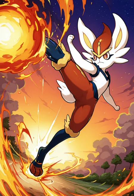 masterpiece, best quality, no humans, zzCinderace, orange and white fur, flame trail, high kick, fireball, grassy field, focused eyes, smoke, sunlit sky, action pose â With a burst of energy, Cinderace launches into a powerful high kick, sending a blazing fireball streaking across the field. Flames curl from its feet as the heat scorches the grass in its wake. Its eyes burn with intensity, locked onto its target. Behind it, smoke trails twist into the sky, and the sunlight glints off its fur, igniting the moment with unstoppable momentum. <lora:CinderacePokedex_IXL:1.0>,