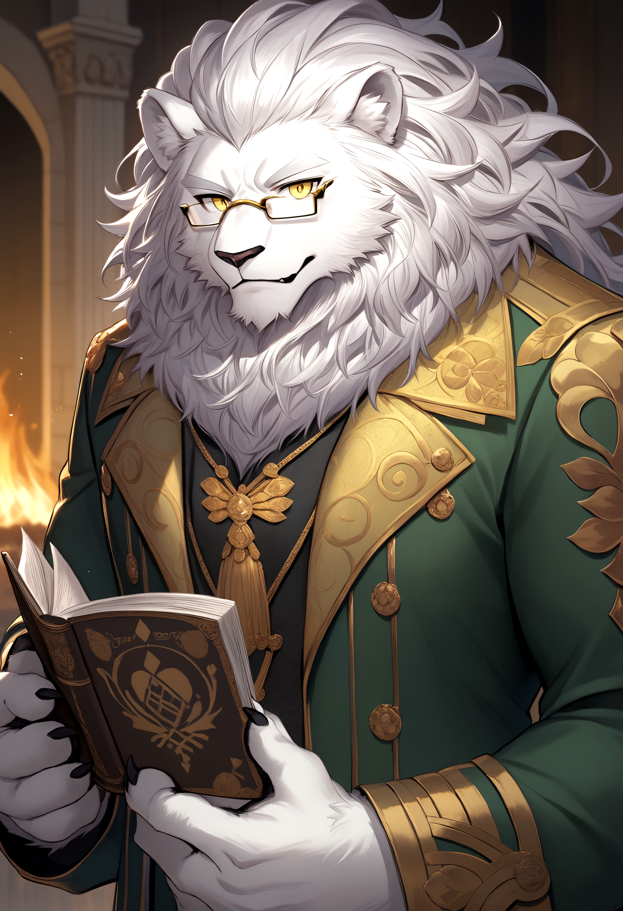 score_9, score_8_up, score_7_up, anthro only, furry only, 1boy, solo,  <lora:BoggartPony-000002>, boggart_(fate), boggart_(fate), boggart, lion boy, white fur, mane, yellow eyes, furry male, furry, lion ears, close up, side view, looking at viewer,  inside, mansion, fireplace, reading, wearing glasses, holding book,