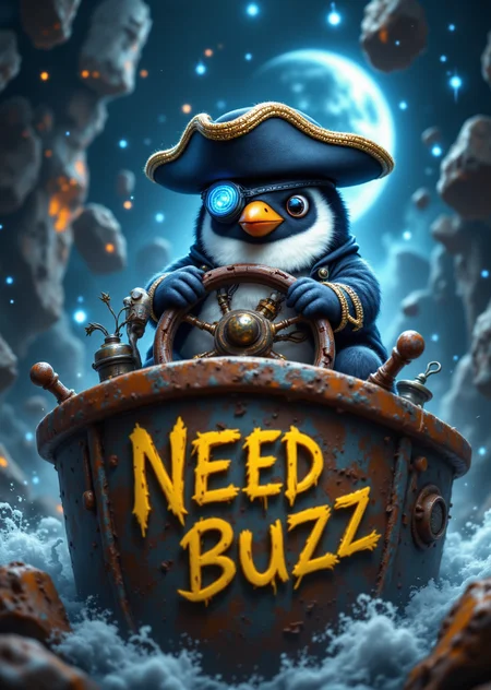 A swashbuckling penguin pirate captain steering a steampunk spaceship through an asteroid field, wearing a tricorn hat with a glowing cybernetic eyepatch. The ship is patched with rusty metal and fishbone decals, with 'NEED BUZZ' graffiti spray-painted in bold yellow on the hull. A starry galaxy shines in the background. Ultra-detailed feathers, dramatic action pose, cinematic lighting, Star Wars meets Treasure Island vibe