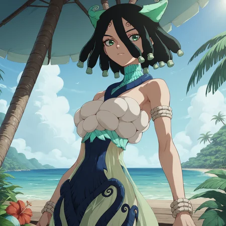 <lora:SlimesKirisame:1>, score_9, score_8_up, score_7_up, slimes_kirisame, woman, waist up shot, black hair, green eyes, tropical beach background