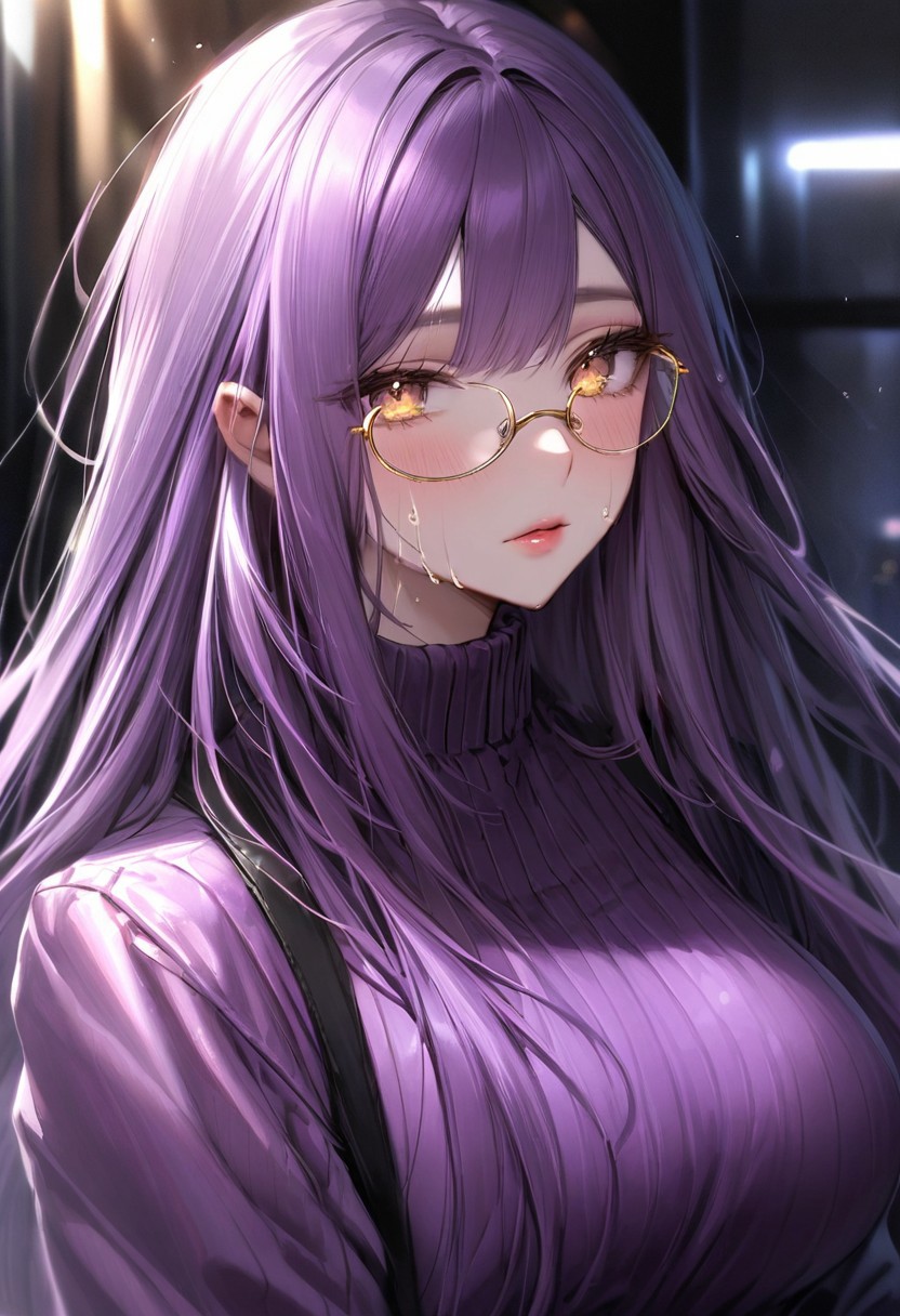 [[Lydia]]
beautiful face, glasses, soft skin, lightly made-up soft lips
purple Hair (((purple Long hair 1.6)))
(((golden eyes 1.6))) golden Sparkling eyes
((Big Detailed beautiful eyes))
((ultra detailed Art))
beautiful eyes in love
glowing skin, sweaty skin 
Perfect line guidance 
Clean, sharp edges
1woman, solo, eyeliner, gorgeous lips, medium big breast